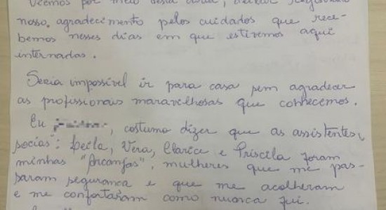 Paciente vítima de violência doméstica envia carta de agradecimento à equipe do HMC