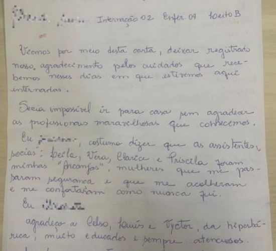 Paciente vítima de violência doméstica envia carta de agradecimento à equipe do HMC