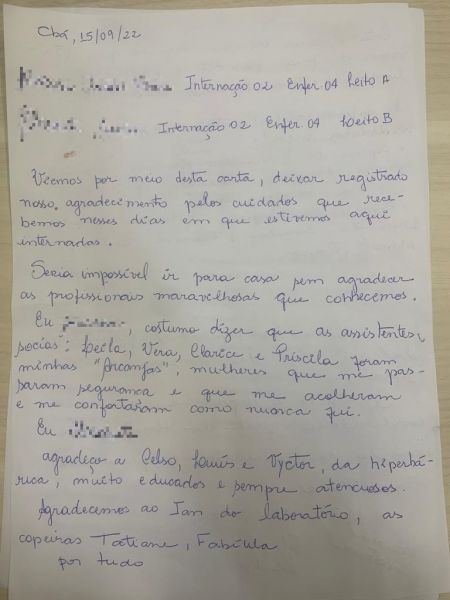 Paciente vítima de violência doméstica envia carta de agradecimento à equipe do HMC